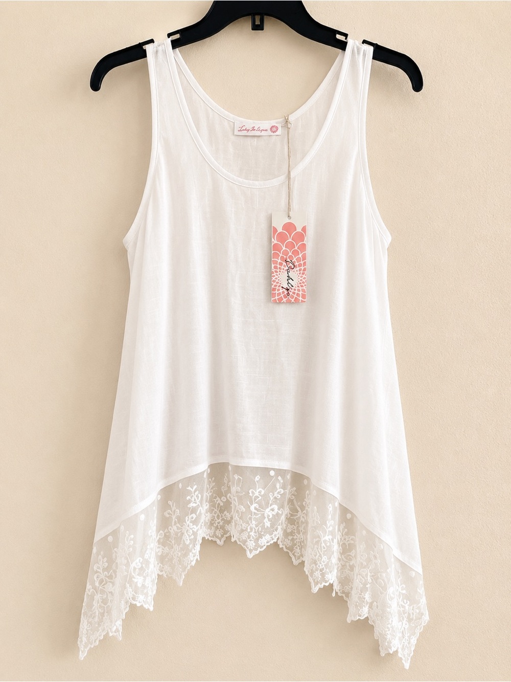 White Lace-Hem Sleeveless Tank Top by